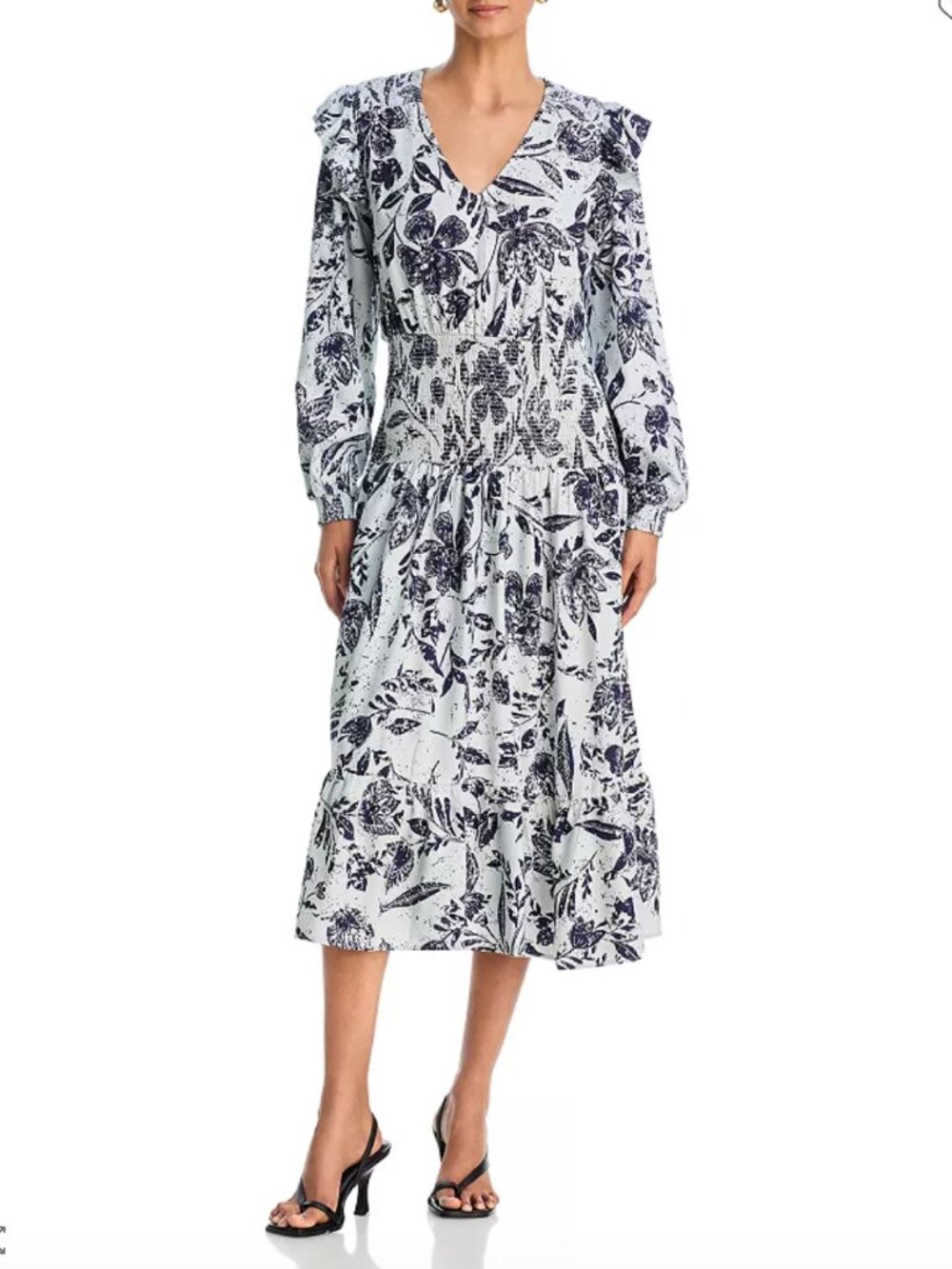 Aqua Smocked Midi Dress - Blue Floral Linen Blend Long Sleeve - Size M NWT